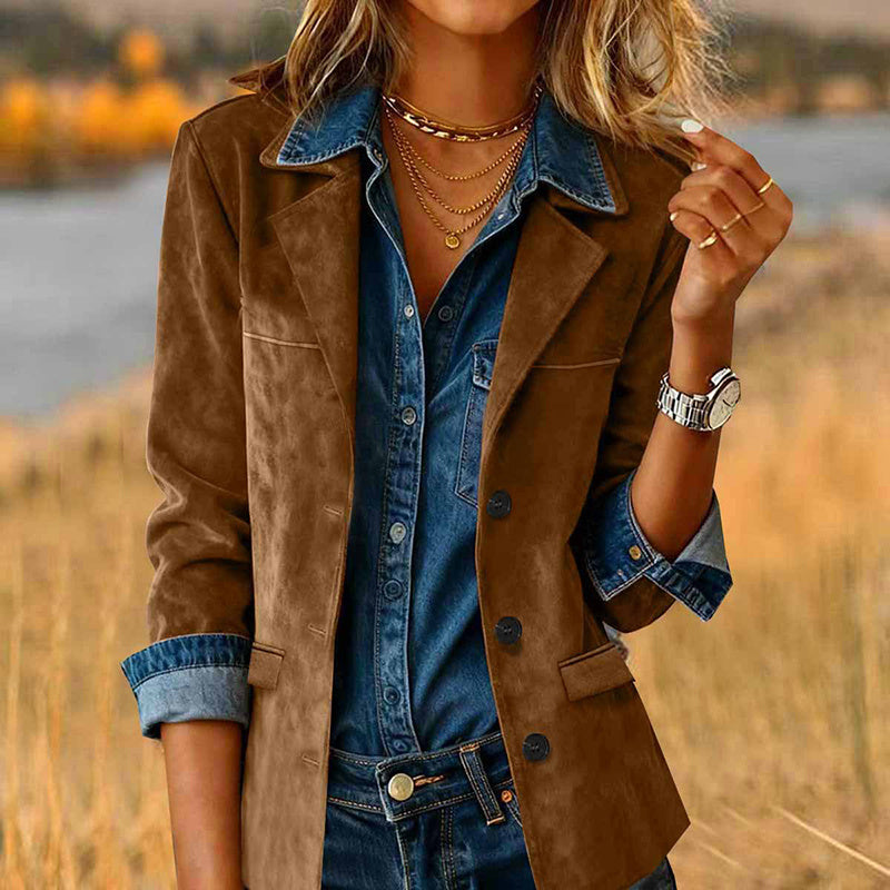 Plus Size Women's Solid Color Blazer Jacket Notch Lapel Long Sleeve Motorcycle Coat With Pockets For Office&Formal Wear
