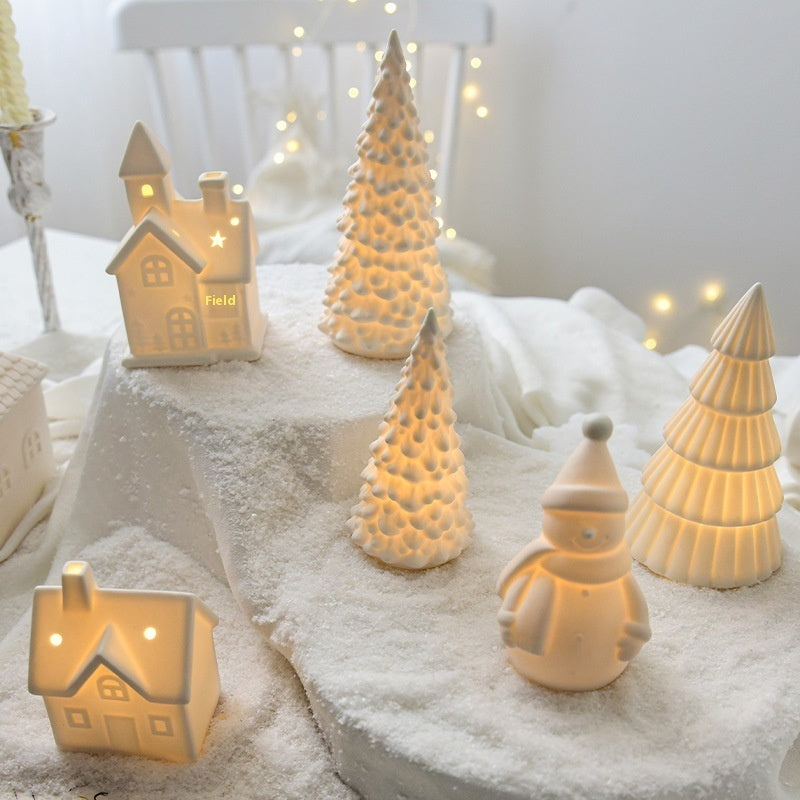 Ceramic Christmas Tree Desktop Decoration Luminous Christmas Small House Christmas Snowman - Olympus