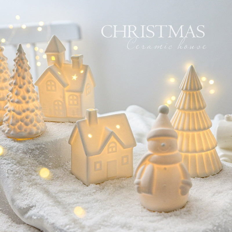 Ceramic Christmas Tree Desktop Decoration Luminous Christmas Small House Christmas Snowman - Olympus
