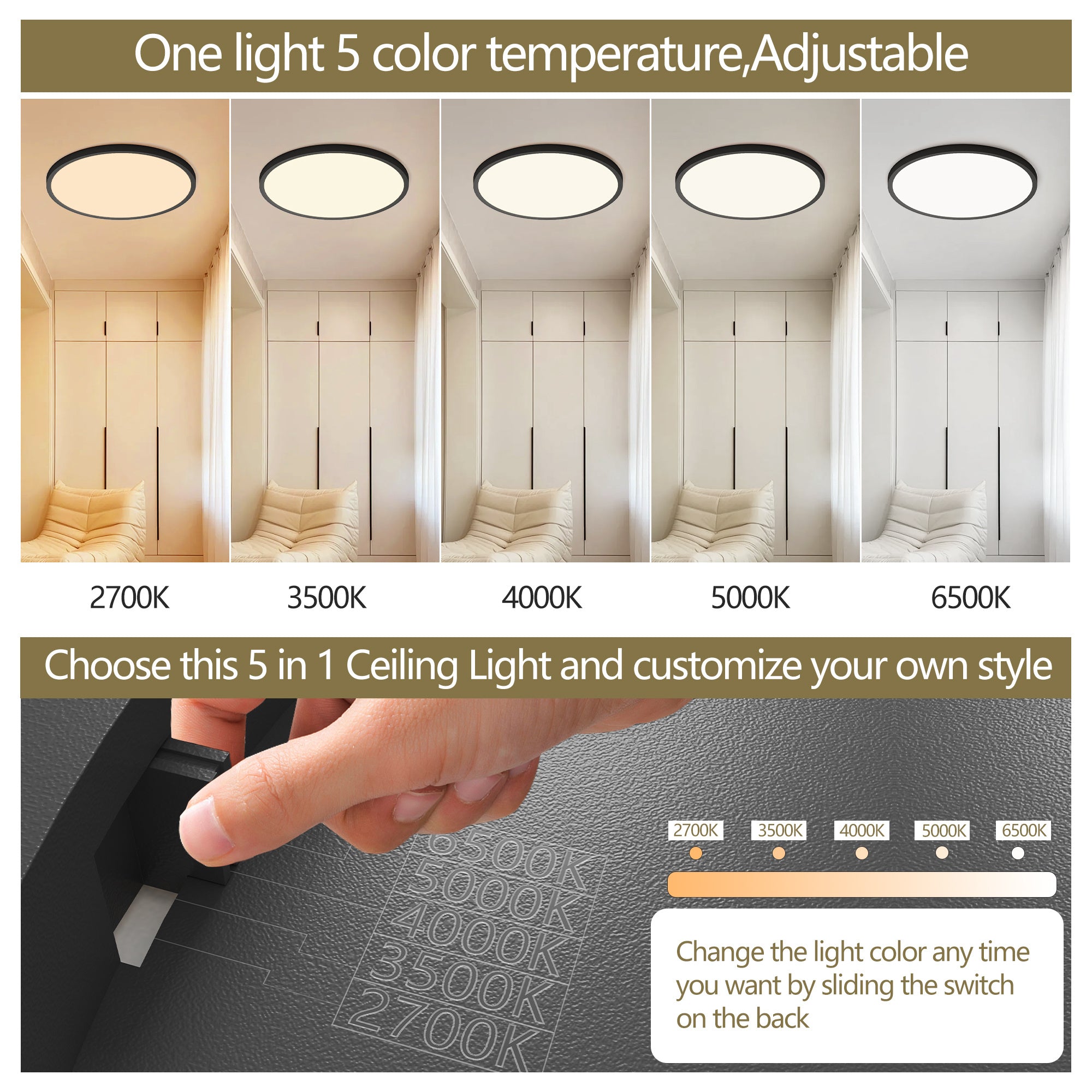 4 PACK Flush Mount LED Ceiling Light Fixture Black, 16Inch 32Watt, Dimmable & 5 Color Selectable Ceiling Lamp 3520LM Low Profile Ceiling Light For Kitchen Bedroom Hallway Porch