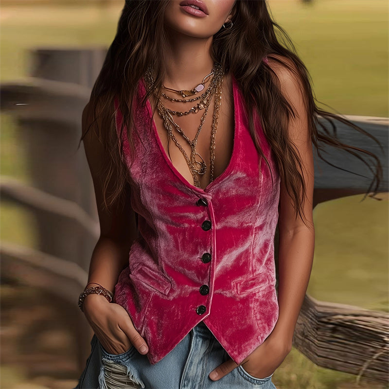 Women's Bohemian Vintage Sleeveless Vest Solid Color Western V-Neck Button Down Waistcoat For Spring Summer Layering