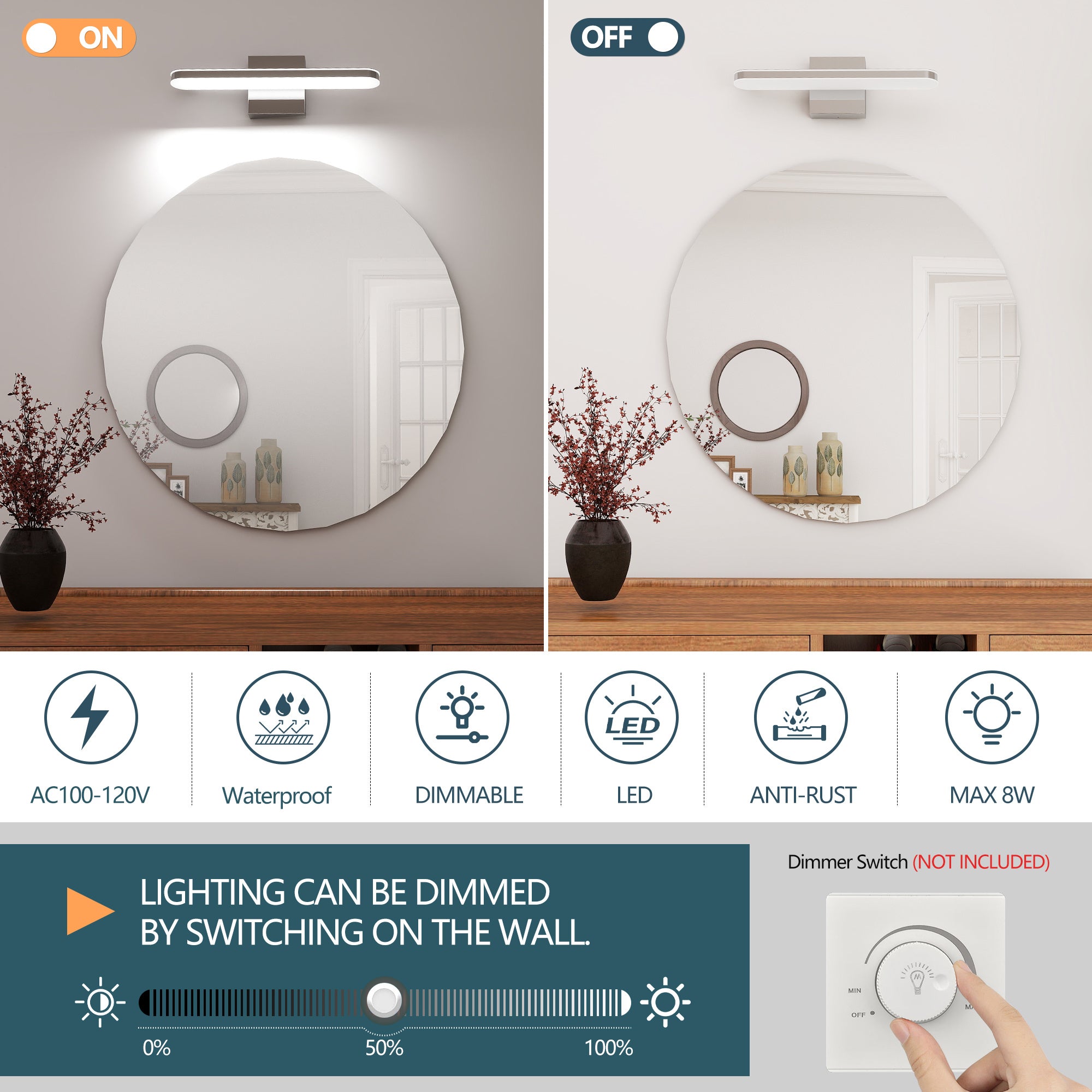 LED Bathroom Vanity Light Bar Dimmable Bathroom Light Fixtures Modern Over Mirror Lighting Fixture 16Inch BathWall LIght 8W Wall Sconce Lighting For Bathrooms Bedroom Living Room Indoor 6000K